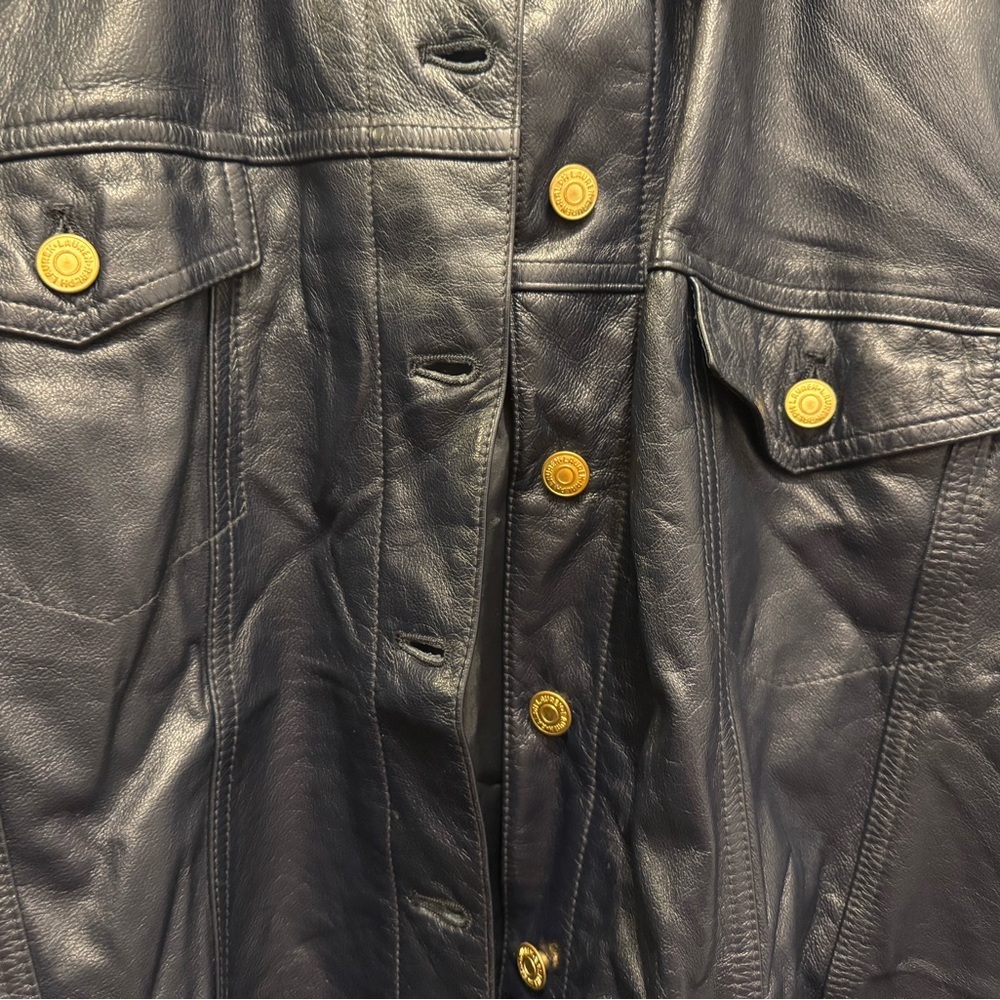 Ralph Lauren Navy Leather Jacket with Gold Buttons